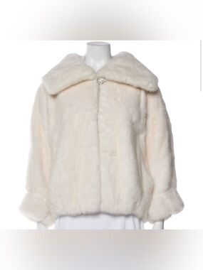 White mink fur coat jacket bomber with rhinestone button